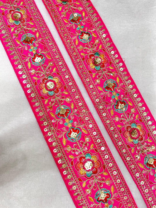 Embroidery Lace Embellishment Trim – 9 Meters, 3-Inch Width, Decorative Border | Rani Pink