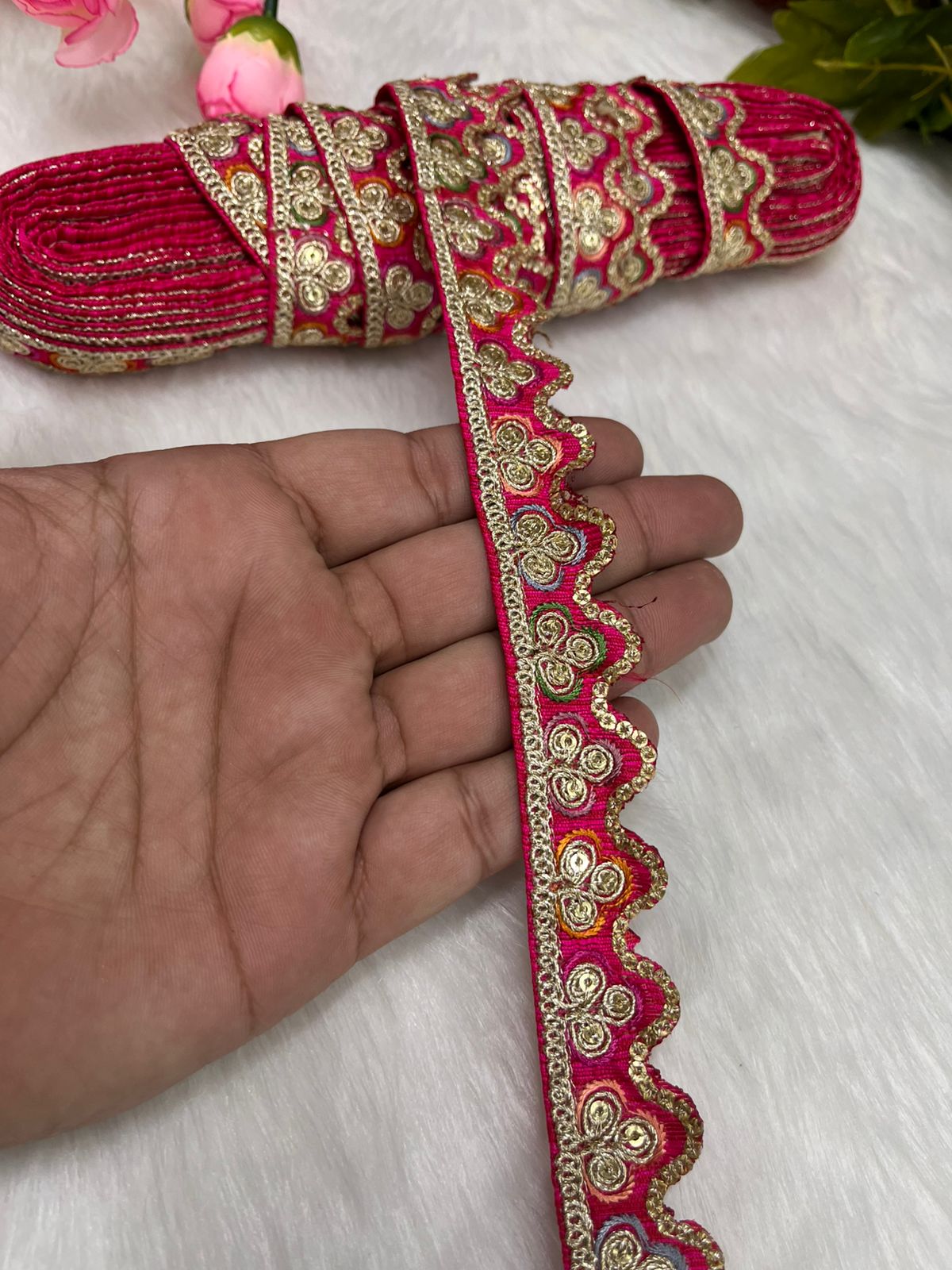 Sabyasachi-Inspired Multicoloured Designer Embroidered Trims – 9 Meter Roll, 1 Inch Wide for Crafting & Fashion | Rani Pink
