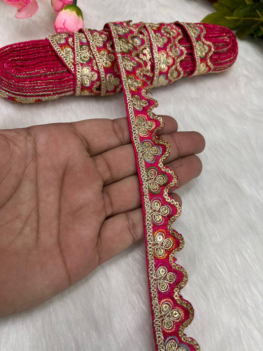 Sabyasachi-Inspired Multicoloured Designer Embroidered Trims – 9 Meter Roll, 1 Inch Wide for Crafting & Fashion | Rani Pink