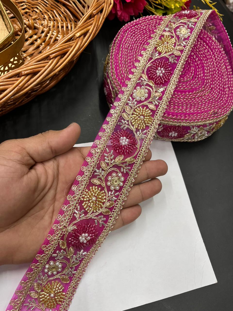 Beaded Bridal Laces Collection – Premium Maggam Work Designer Borders for Sarees, Lehengas & Dupattas (9 Meter, 2 Inch Width) | Rani Pink