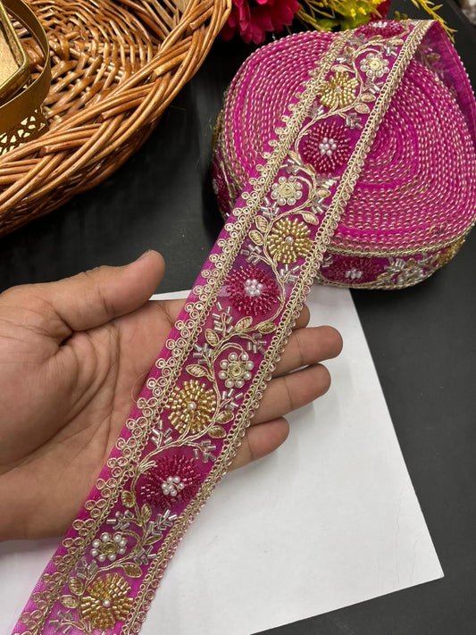 Beaded Bridal Laces Collection – Premium Maggam Work Designer Borders for Sarees, Lehengas & Dupattas (9 Meter, 2 Inch Width) | Rani Pink