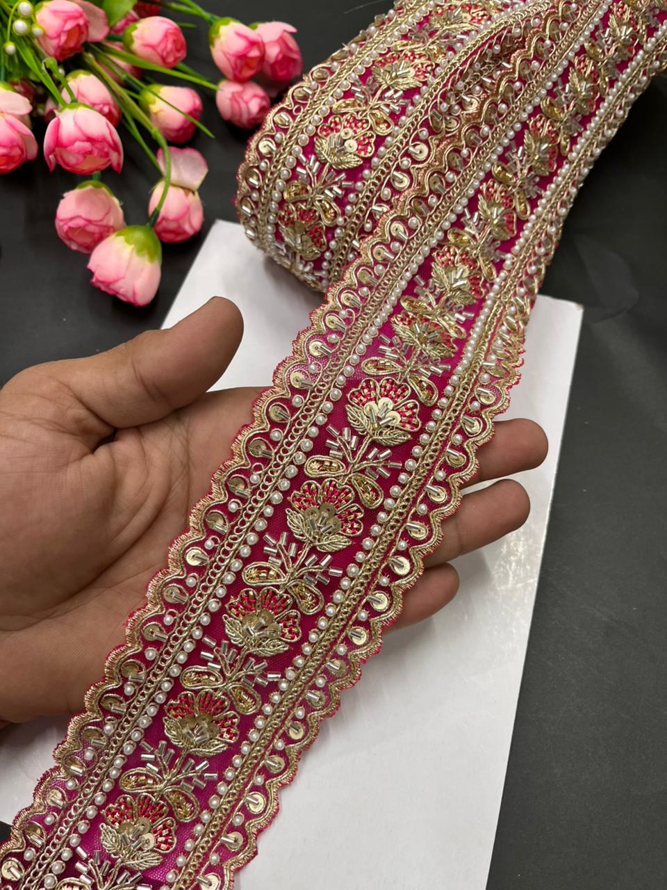 Luxurious Beaded Cutdana Bridal Saree Laces – Heavy Maggam Work Borders for Sarees, Dupattas & Lehengas (9 Meter, 2.5 Inch Width) | Rani Pink