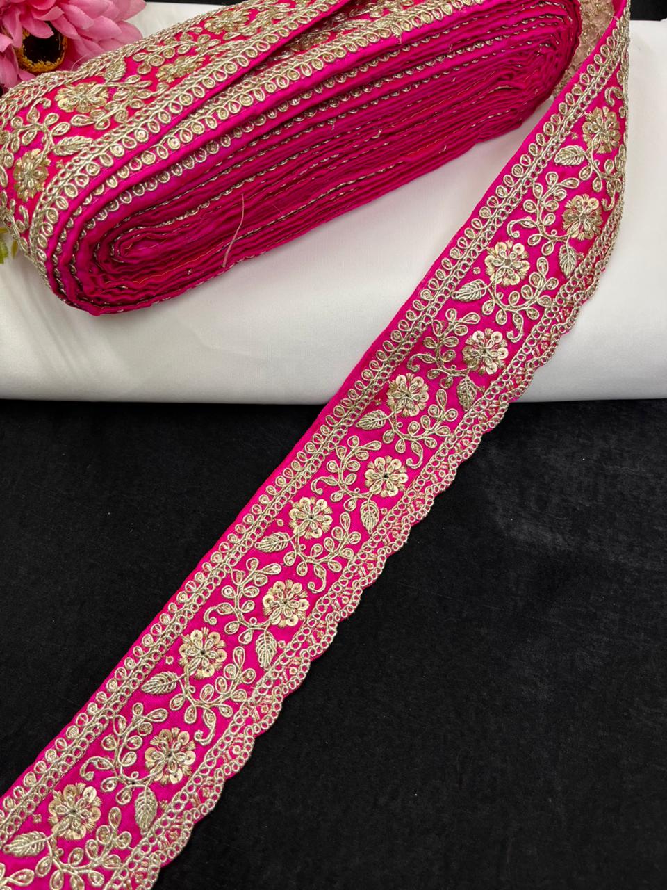 Beautiful Zari Embroidered Lace for Sarees & Lehengas – Designer Ethnic Embroidery Lace Border (2.5 Inch) | Rani Pink