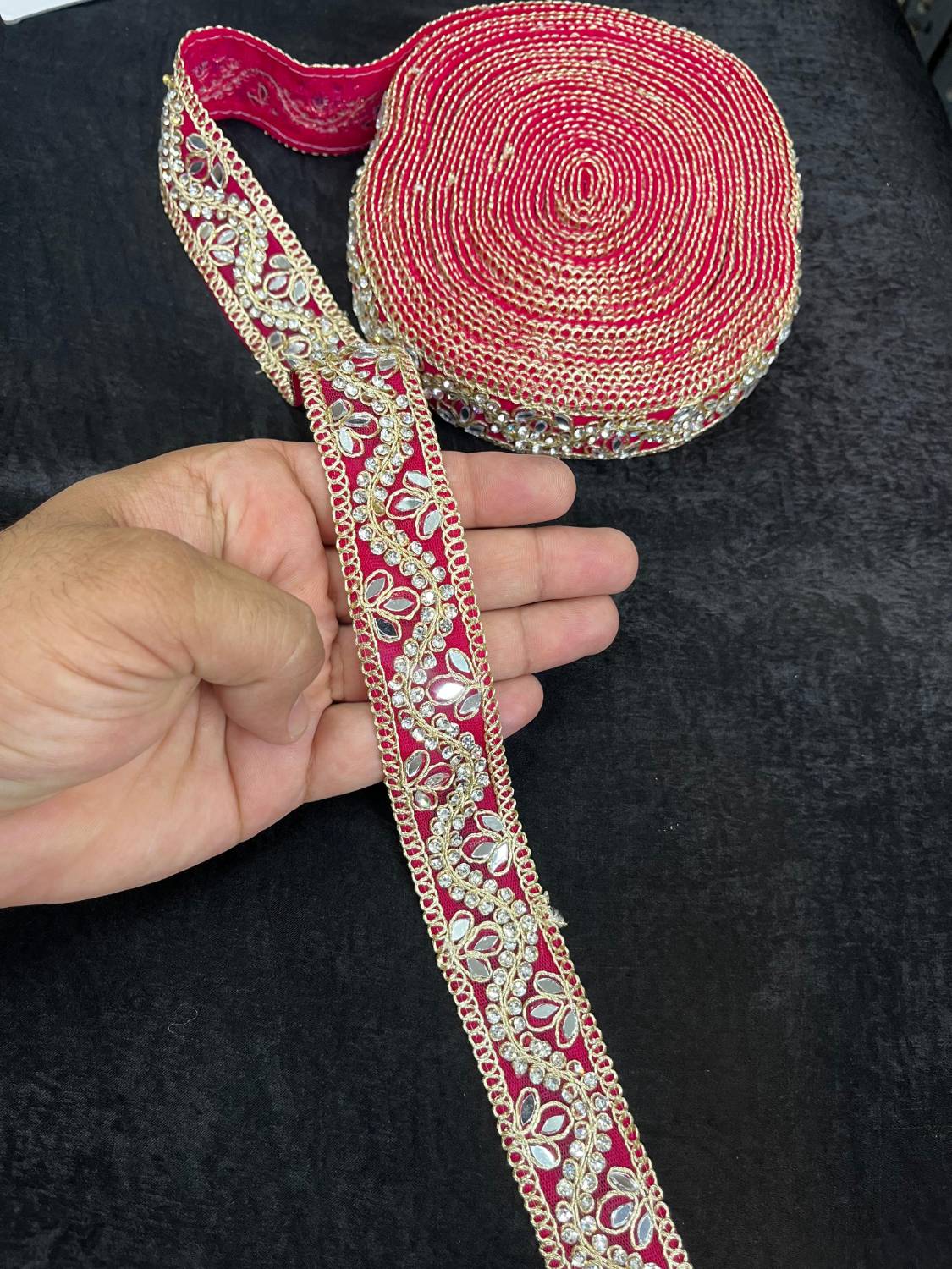 Designer Mirror Work Lace Trim with Rhinestones – Elegant Border for Sarees, Dupattas & Lehengas (9 Meter, 1 Inch Width) | Rani Pink