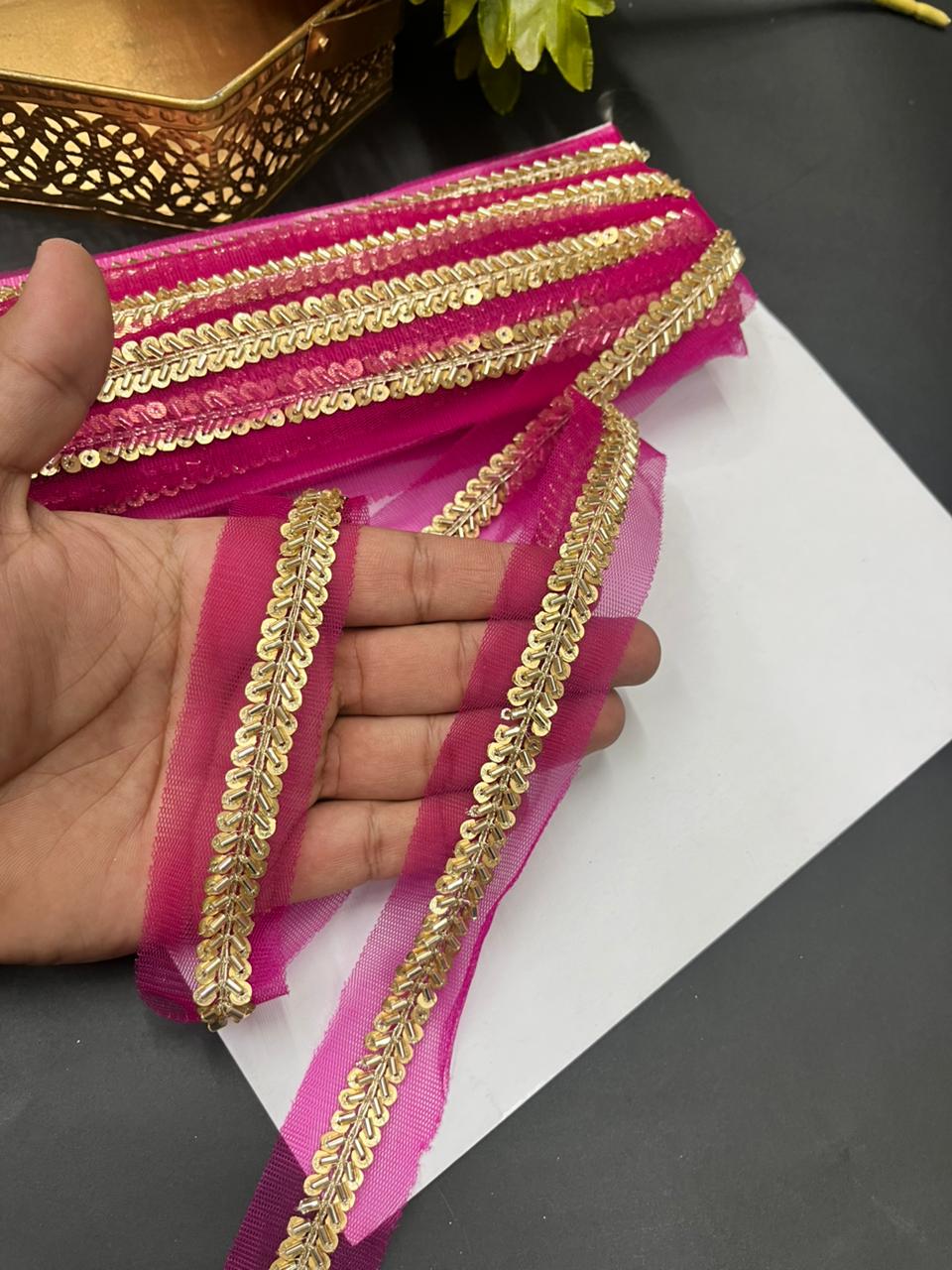 Elegant Pipe & Sequin Work Lace Borders – Designer Maggam Work Trim for Sarees, Lehengas & Dupattas (9 Meter, 0.5 Inch Width) | Rani Pink