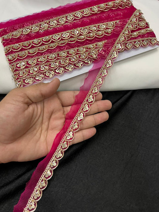 Scalloped Cutdana Work Lace for Sarees & Dupattas – Designer Maggam Work Lace Border (Half Inch) | Rani Pink
