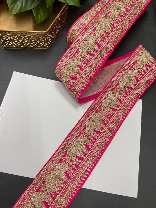 Embroidered Laces for Sarees & Bridal Wear – Premium Designer Border Trim for Dupattas & Lehengas (9 Meter, 3 Inch Width) | Rani Pink