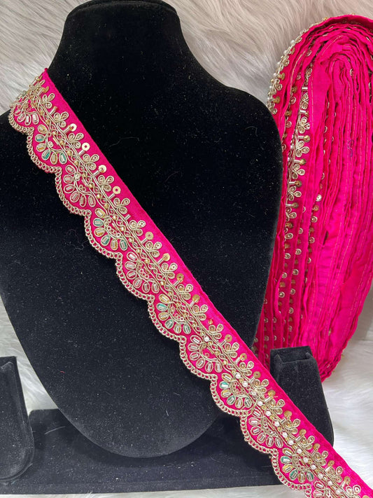 Scalloped Handwork Cutdana & Pearl Embroidered Saree Lace – 9 Meters, 1.5-Inch Maggam Work Border Trim | Rani Pink