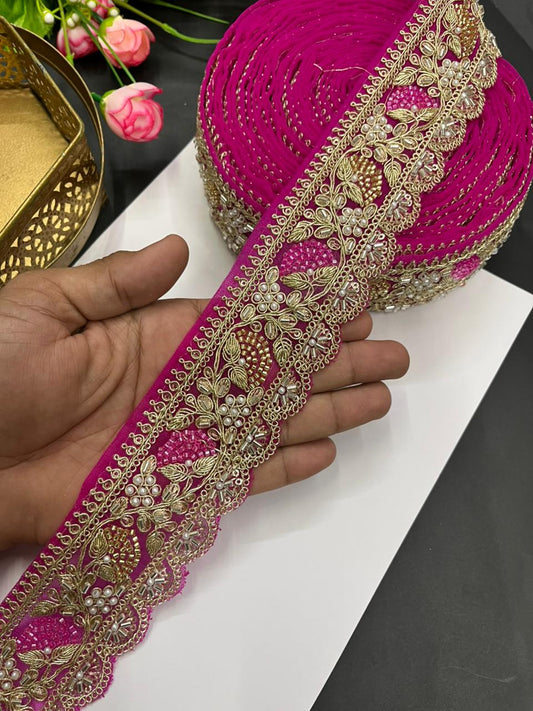 Designer Beaded Net Based Maggam Work Lace for Sarees – Premium 2 Inch Hand-Embellished Border for Lehengas & Bridal Wear (9 Meter) | Rani Pink
