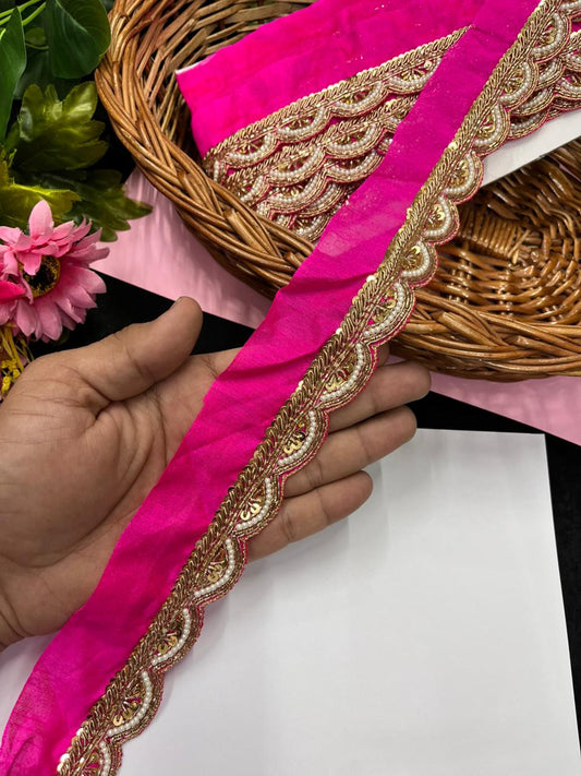 Handmade Scalloped Zardozi Maggam Work Saree Lace Borders – Premium Designer Maggam Lace | Rani Pink