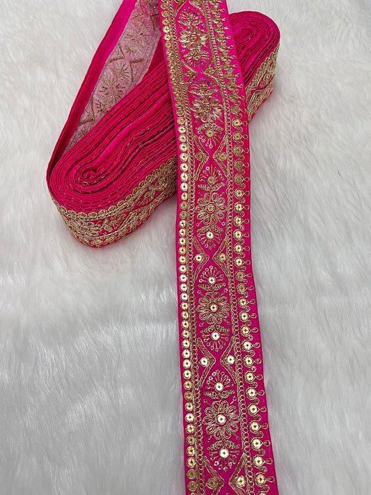 Embroidered Zari Lace – Indian Wedding Trims, Saree Border, 2 Inch Wide Lace Reel (9 Mtr) | Rani Pink