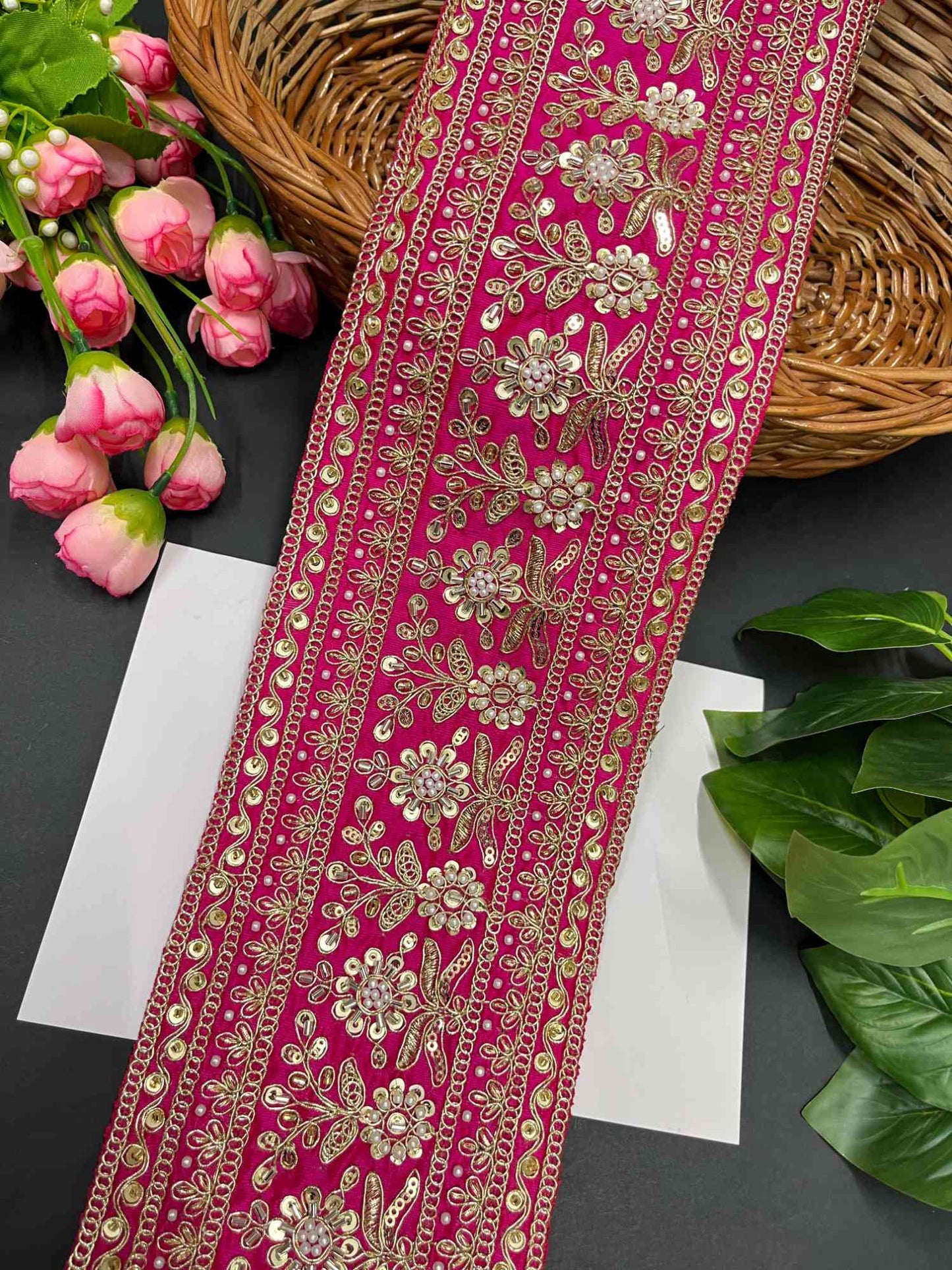 Handcrafted Exquisite Embroidered Cutdana Bridal Lehenga Border – 9 Meters, 5-Inch Maggam Work Lace | Rani Pink