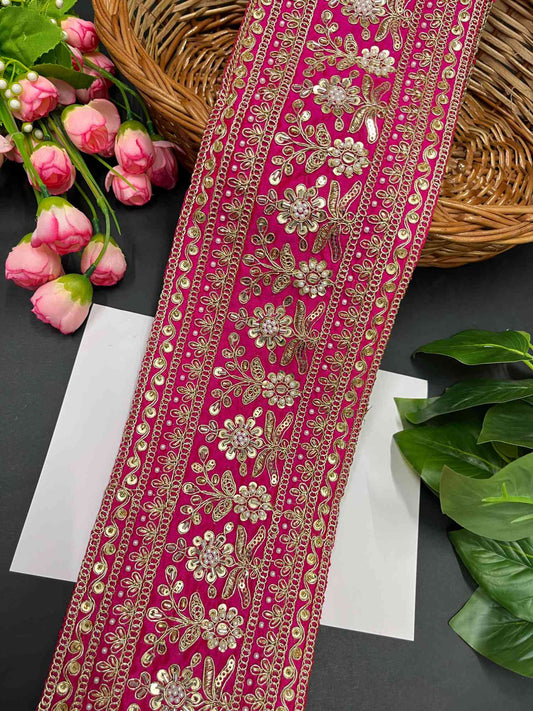 Handcrafted Exquisite Embroidered Cutdana Bridal Lehenga Border – 9 Meters, 5-Inch Maggam Work Lace | Rani Pink