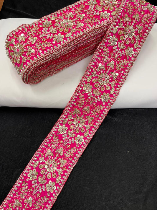 Maggam Work Lace for Sarees & Bridal Wear – Designer Embroidered Lace Border for Lehengas, Blouses & Dupattas (3 Inch) | Rani Pink