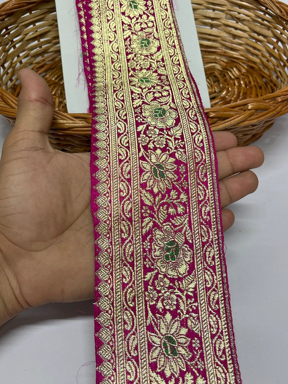 Original Flower Banarasi Border – 9 Meter, 3 Inch Width – Traditional Banarasi Lace, Rani Pink