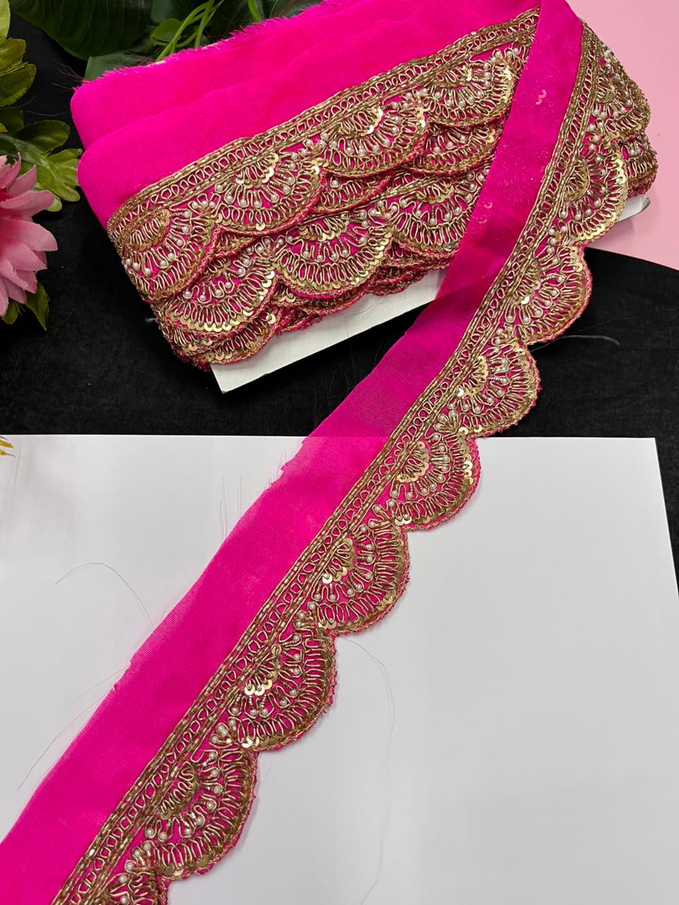 Handmade Scalloped Zardozi Maggam Work Saree Lace Borders – Premium Designer Maggam Lace | Rani Pink