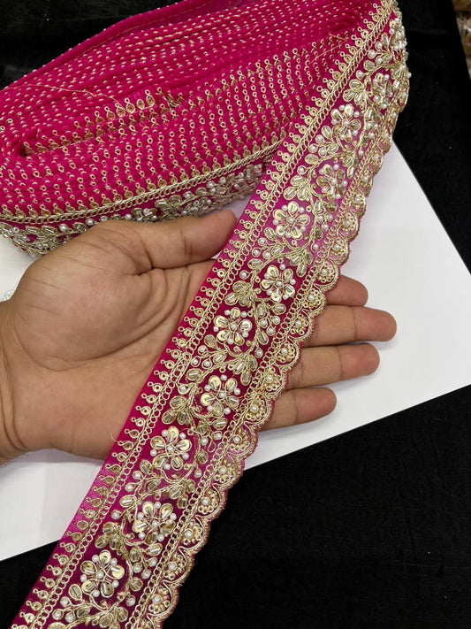 Rich Maggam Work Saree Border Lace for Blouses, Lehengas & Dresses – Designer Handcrafted Embroidered Lace (2.5 Inch) | Rani Pink