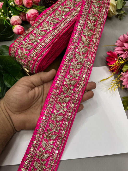 Silk Based Embroidered Saree Lace & Borders – Premium 2 Inch Decorative Lace for Ethnic & Festive Wear (9 Meter) | Rani Pink