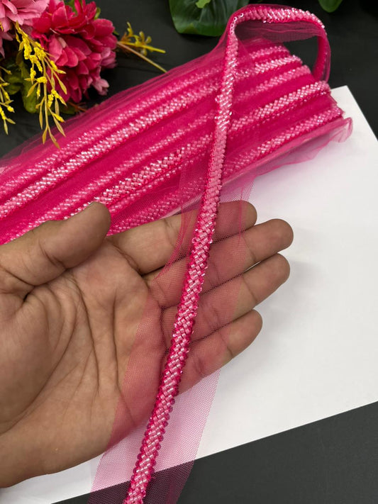 Imported Beaded Lace Trims – Premium Half-Inch Designer Lace for Sarees, Dupattas, Lehengas & Couture Wear (9 Meter) | Rani Pink