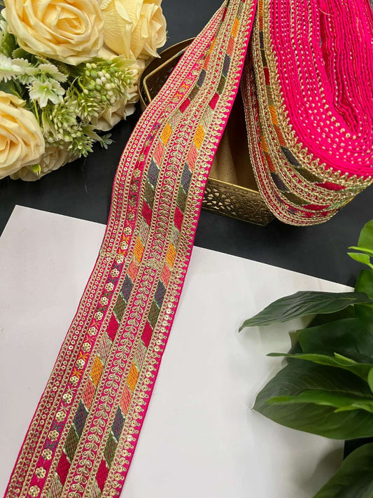 Sabyasachi Inspired Embroidery Lace – 9 Meters, 3-Inch Width | Rani Pink