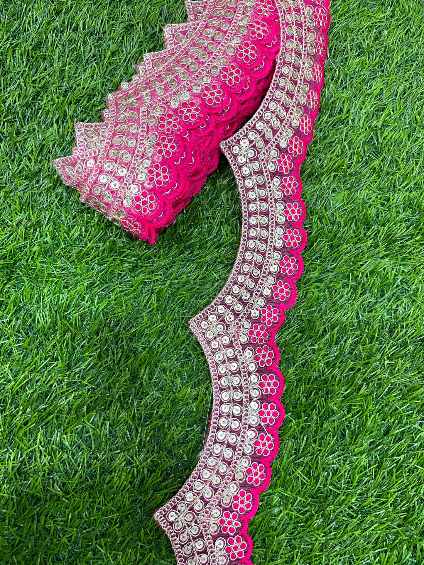 Embroidery Scallop Lace | Sequins Embellishment Trim | Craft Decorative Saree Lace – 9 Meters, 2-Inch Width | Rani Pink