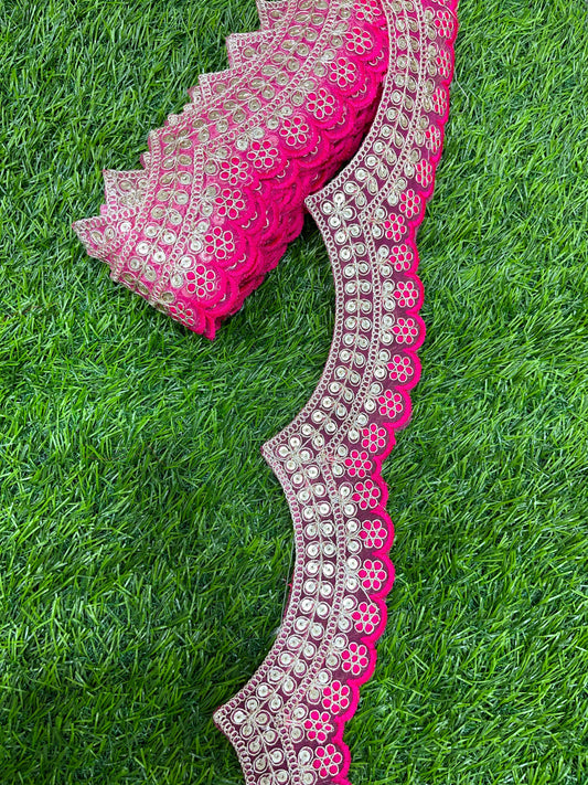 Embroidery Scallop Lace | Sequins Embellishment Trim | Craft Decorative Saree Lace – 9 Meters, 2-Inch Width | Rani Pink