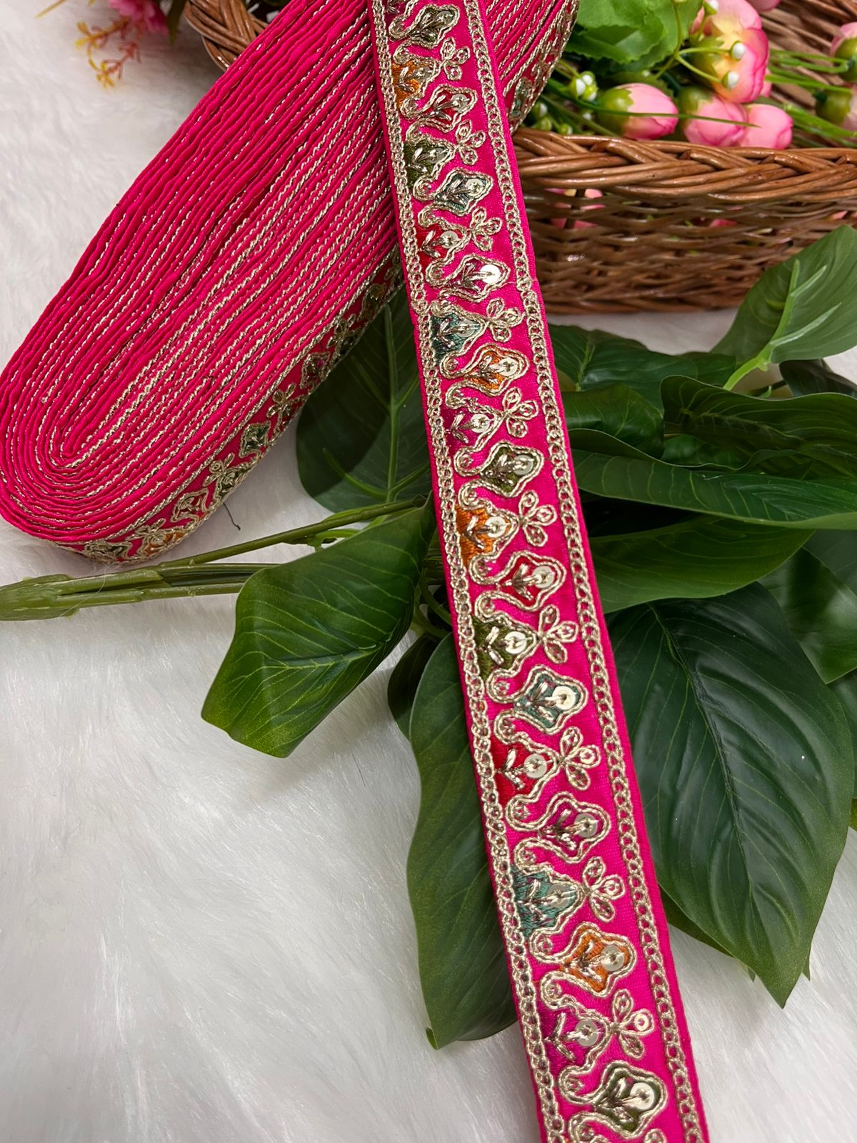 Sabyasachi-Inspired Embroidered Designer Lace Border – 9 Meter Roll, 1 Inch Wide for Ethnic & Creative Projects | Rani Pink