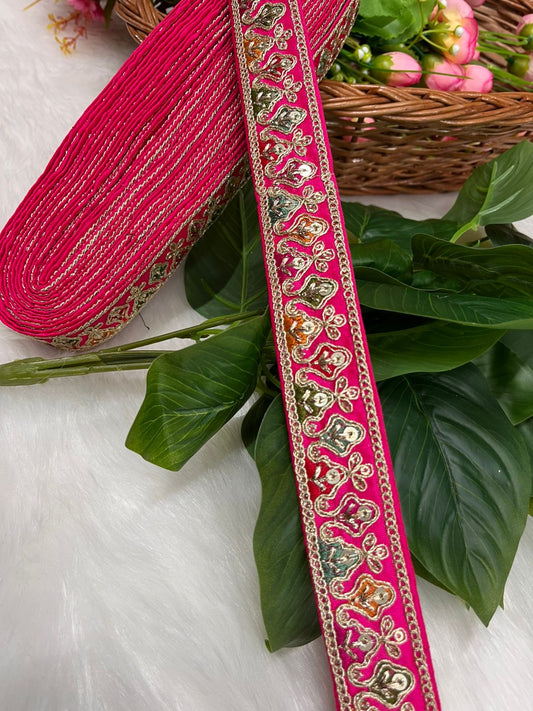 Sabyasachi-Inspired Embroidered Designer Lace Border – 9 Meter Roll, 1 Inch Wide for Ethnic & Creative Projects | Rani Pink