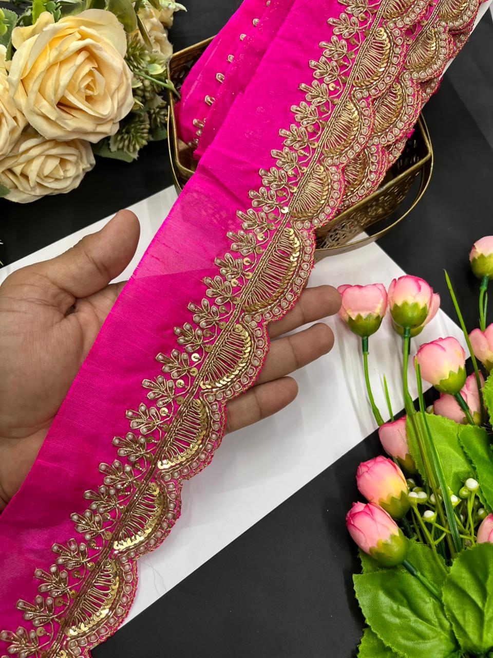 Scalloped Zardosi Work Saree Borders – Premium 2 Inch Handcrafted Maggam Work Lace for Bridal & Festive Wear (9 Meter) | Rani Pink