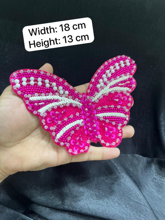 Handcrafted Crystal Butterfly Decorative Patch – Premium Designer Embellished Applique for Dresses & Ethnic Wear | Rani Pink