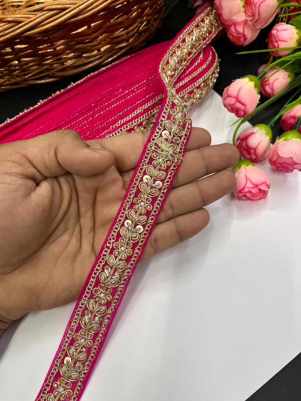 Designer Maggam Work Lace for Sarees – Premium 1 Inch Hand-Embellished Border for Lehengas, Dupattas & Bridal Wear (9 Meter) | Rani Pink