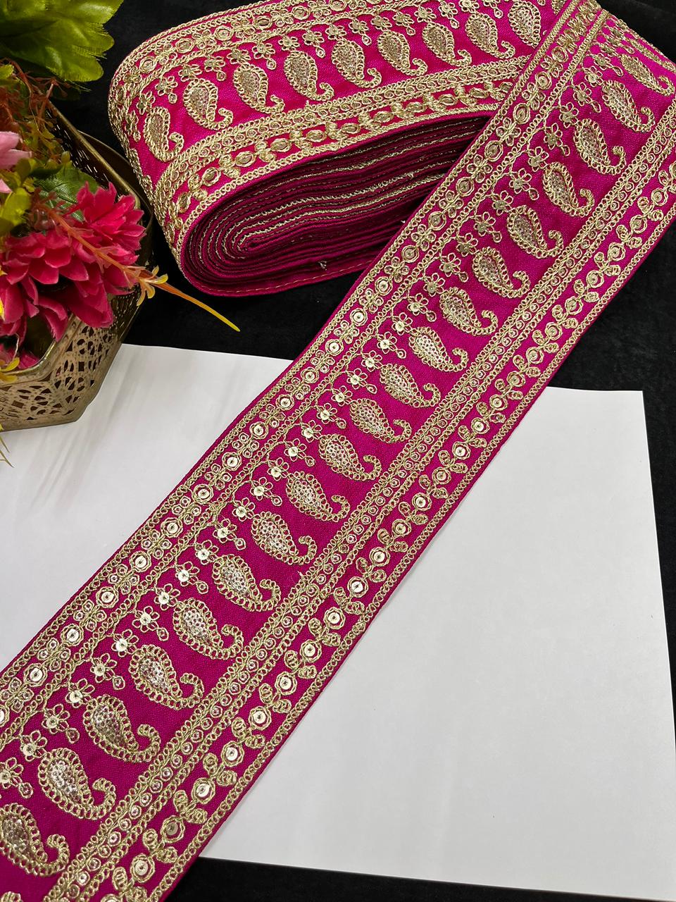 Sabyasachi Inspired Embroidered Lace Border for Sarees, Lehengas & Dupattas – Designer Wide Ethnic Lace Trim (4 Inch) | Rani Pink
