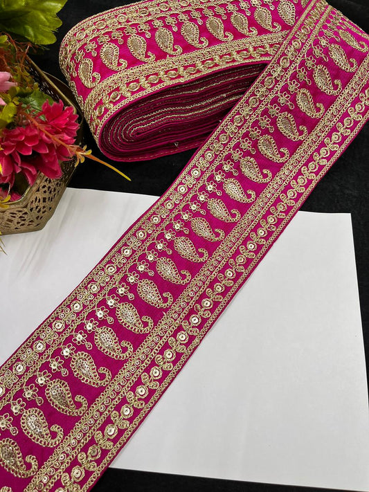 Sabyasachi Inspired Embroidered Lace Border for Sarees, Lehengas & Dupattas – Designer Wide Ethnic Lace Trim (4 Inch) | Rani Pink