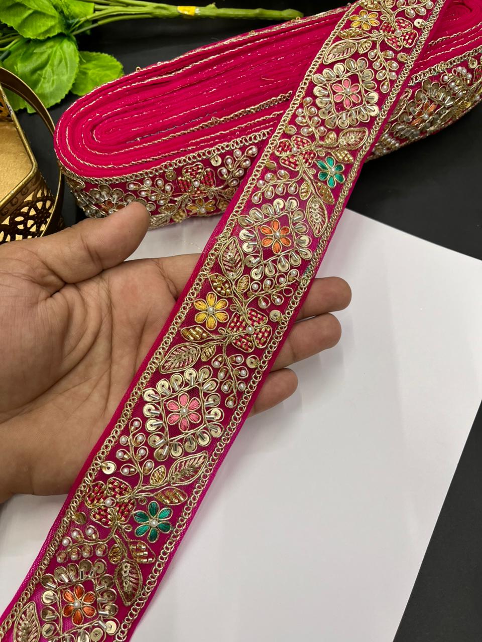 Designer Maggam Work Laces for Sarees – Premium 2 Inch Hand-Embellished Border for Lehengas, Dupattas & Bridal Wear (9 Meter) | Rani Pink