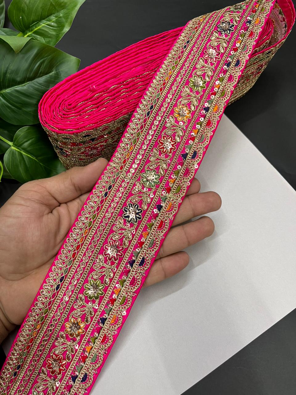 Classic Embroidered Sabyasachi Inspired Saree Lace Borders – Luxury Designer Embellished Lace for Sarees, Lehengas & Dupattas (9 Meter, 2.5 Inch Width) | Rani Pink