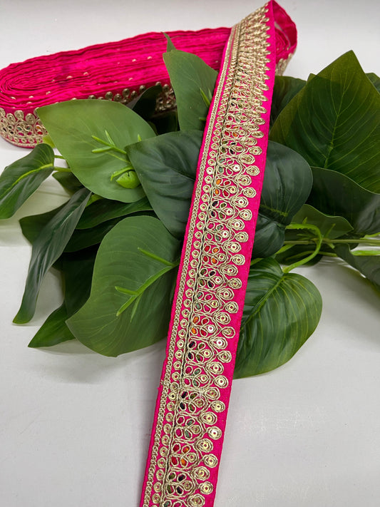 Sewing Embroidery Lace Border | Decorative Craft Ribbon | Embellished Trim – 9 Meters, 1.5-Inch Width | Rani Pink