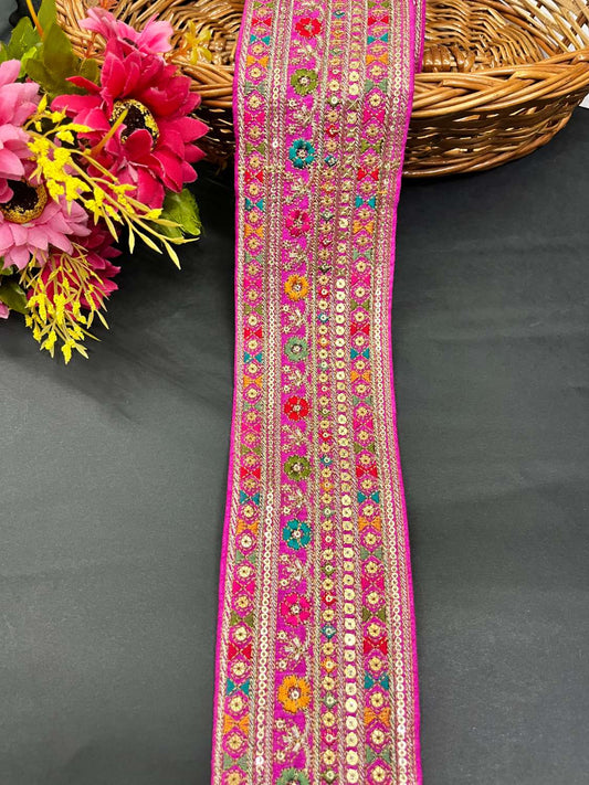 Sabyasachi Inspired Embroidery Lace for Sarees & Dupattas – 3 Inch Wide Lace Border (9 Meter) | Rani Pink