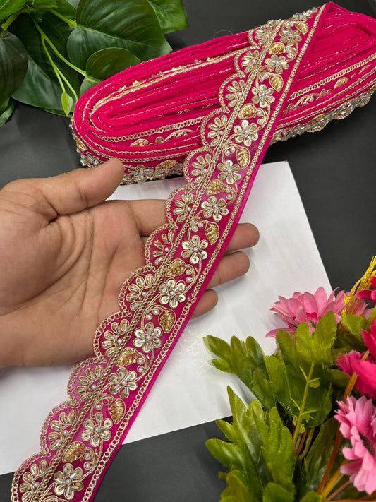 Exclusive Bridal Katdana Bead Work Laces – Designer Maggam Work Borders for Sarees, Lehengas & Dupattas (9 Meter, 2 Inch Width) | Rani Pink