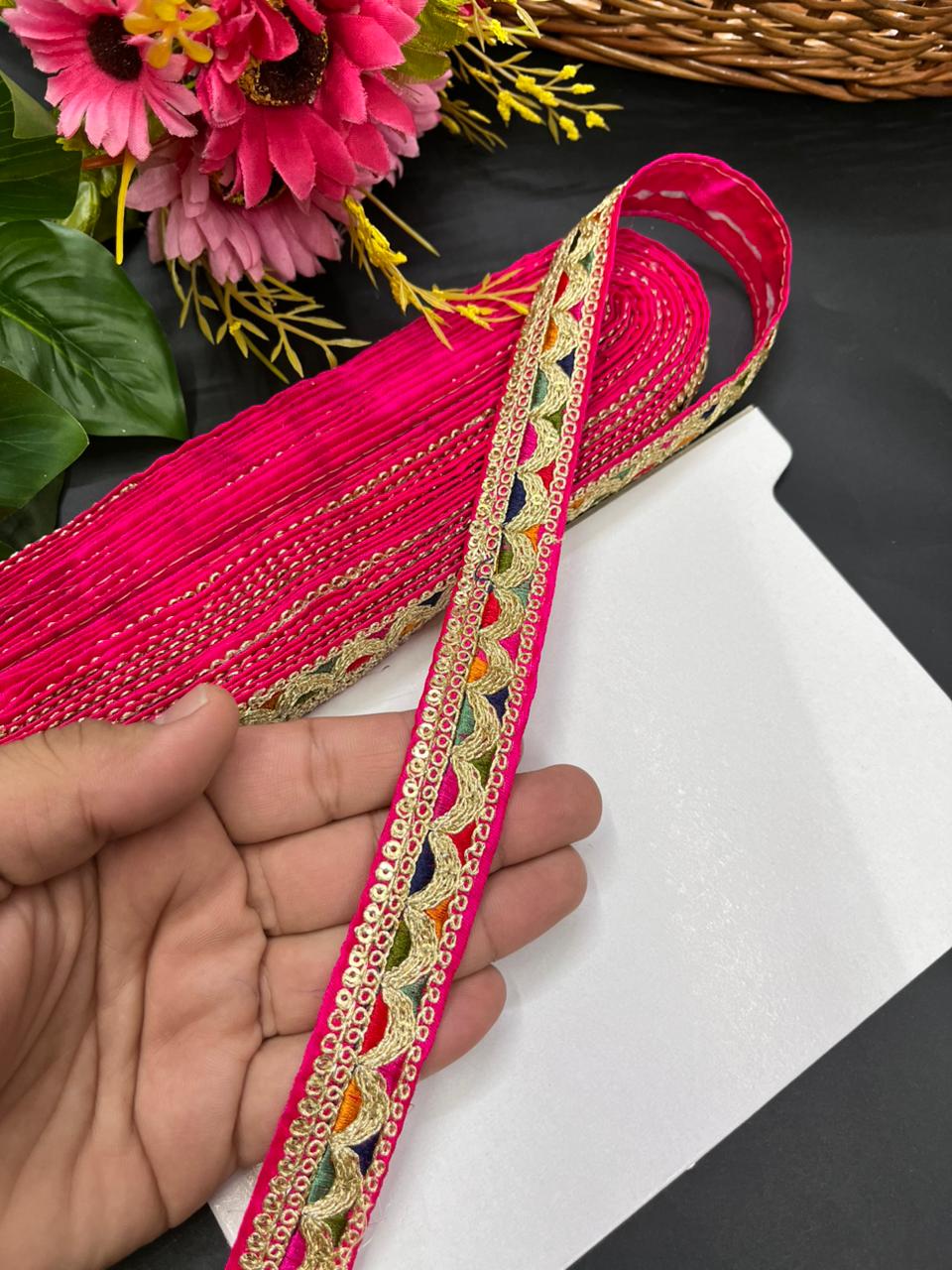 Sabyasachi Inspired Embroidered Saree Lace – Premium Designer Border for Sarees, Dupattas, Lehengas & Couture Wear (9 Meter, 1 Inch Width) | Rani Pink