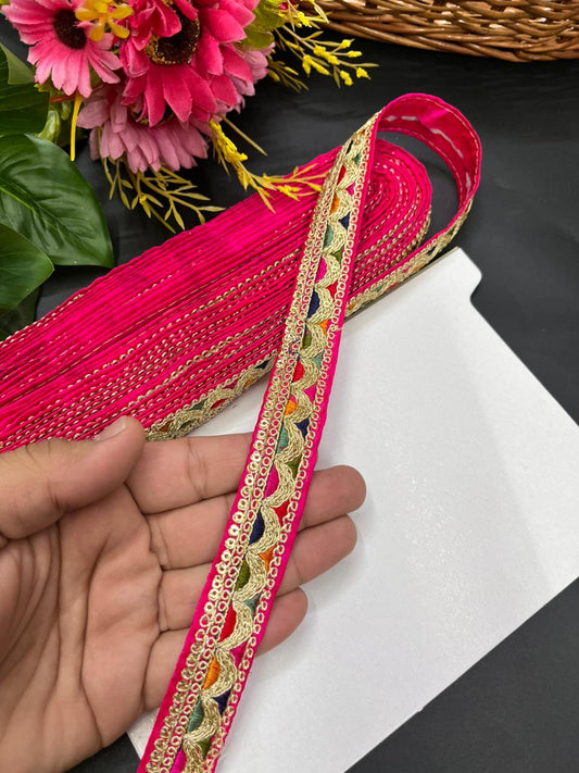 Sabyasachi Inspired Embroidered Saree Lace – Premium Designer Border for Sarees, Dupattas, Lehengas & Couture Wear (9 Meter, 1 Inch Width) | Rani Pink