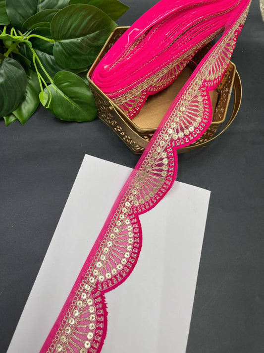 Designer Scalloped Embroidery Saree Lace – 9 Meters, 2-Inch Tone-to-Tone Embroidered Border for Lehengas & Dupattas | Rani Pink