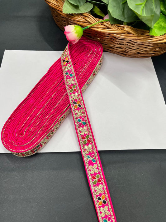 Multicoloured Embroidery Saree Lace Border for Garments & Boutique Wear – 9 Meter | Rani Pink