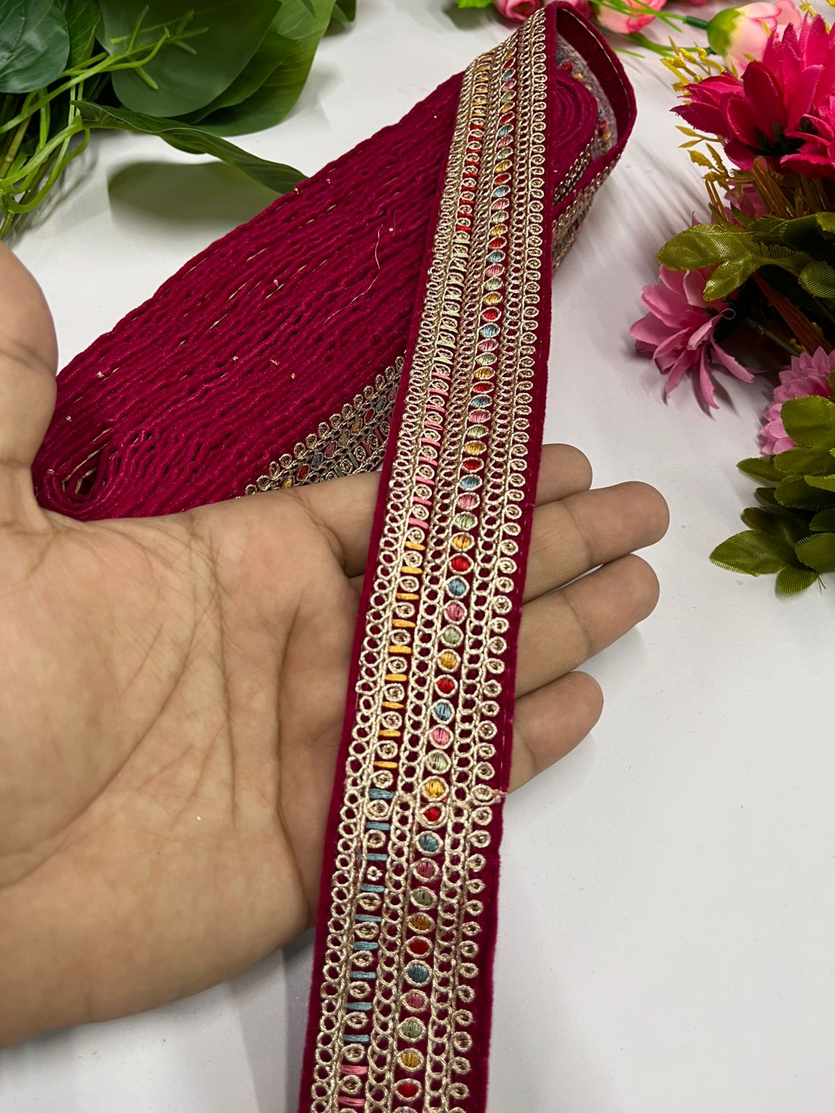 Velvet Embroidered Lace Trim | Saree Border | Craft Velvet Fabric Lace (9 Mtr) | Rani Pink