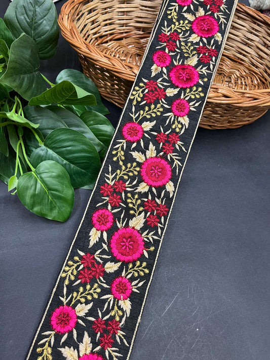 Floral Embroidered Trim | Sari Border Embellishment | Decorative Indian Embroidered Trim – 9 Meters, 3-Inch Width | Rani Pink