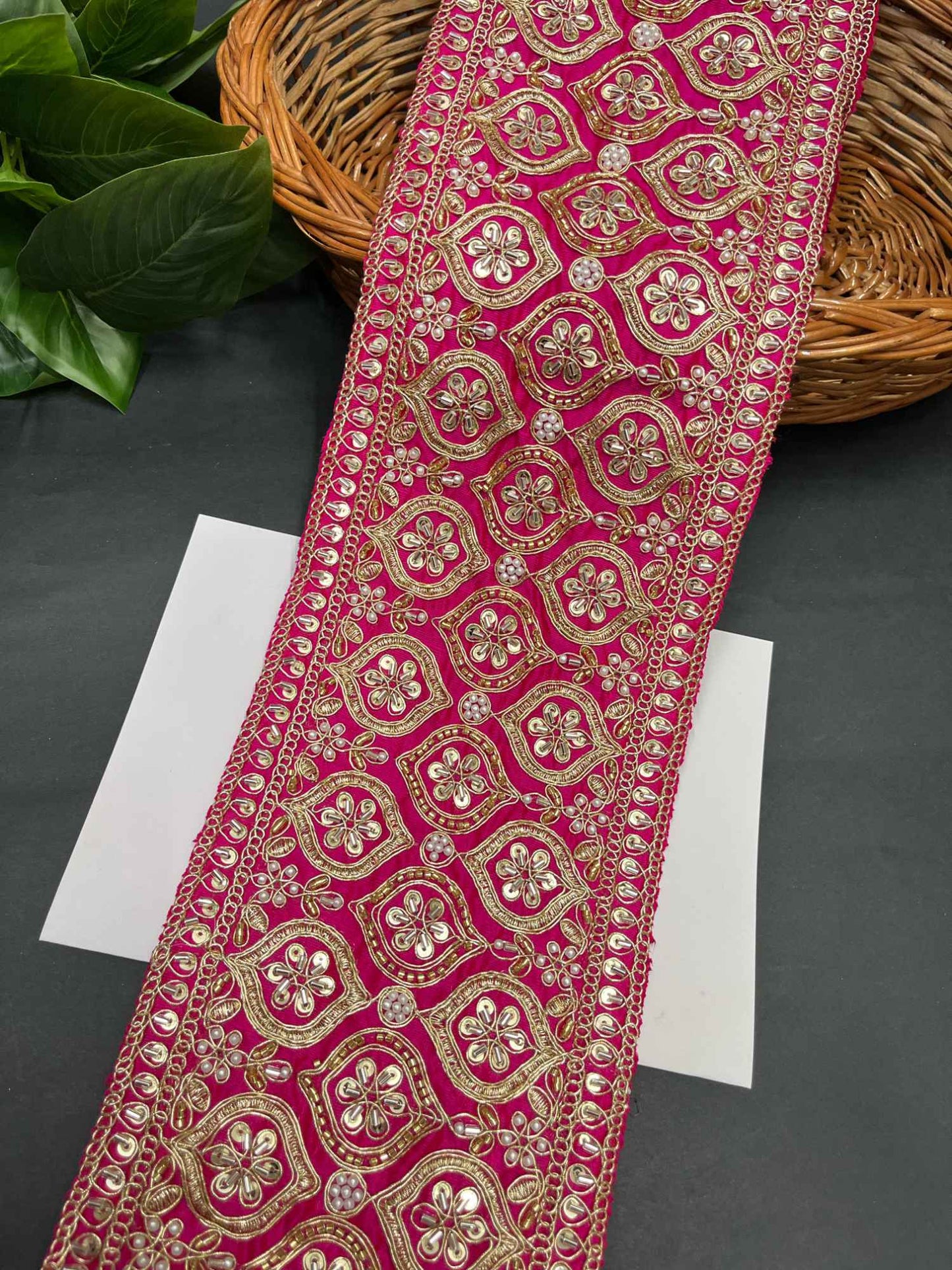 Katdana & Bead Work Embroidered Bridal Lehenga Lace Trim – 9 Meters, 5-Inch Heavy Border for Sarees & Wedding Outfits | Rani Pink