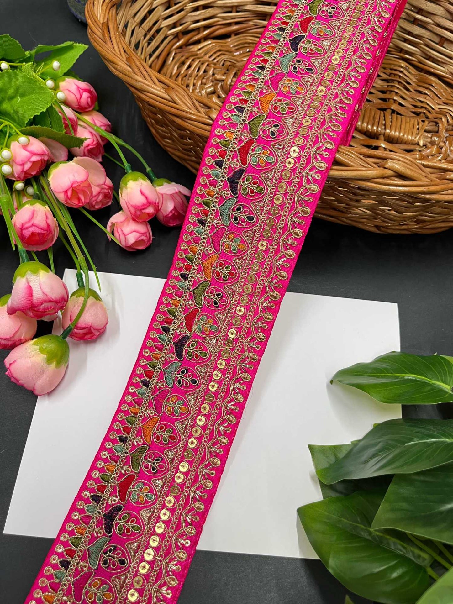 Exquisite Embroidered Lace Border – 9 Meters, 2.5-Inch Sabyasachi Inspired Designer Trim for Sarees & Lehengas | Rani Pink