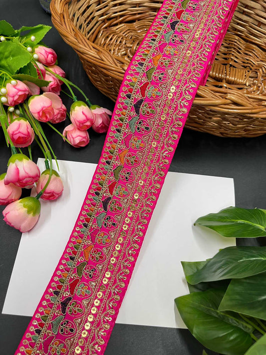 Exquisite Embroidered Lace Border – 9 Meters, 2.5-Inch Sabyasachi Inspired Designer Trim for Sarees & Lehengas | Rani Pink
