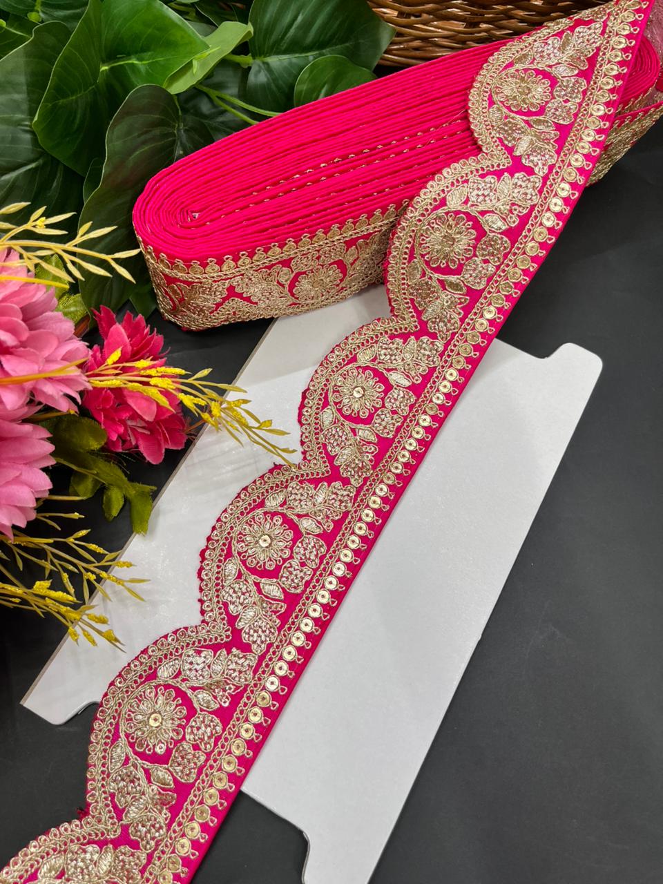Delicate Scalloped Embroidery Lace for Sarees & Dresses – Designer Embroidered Border for Ethnic & Western Outfits (9 Meter, 2 Inch Width) | Rani Pink