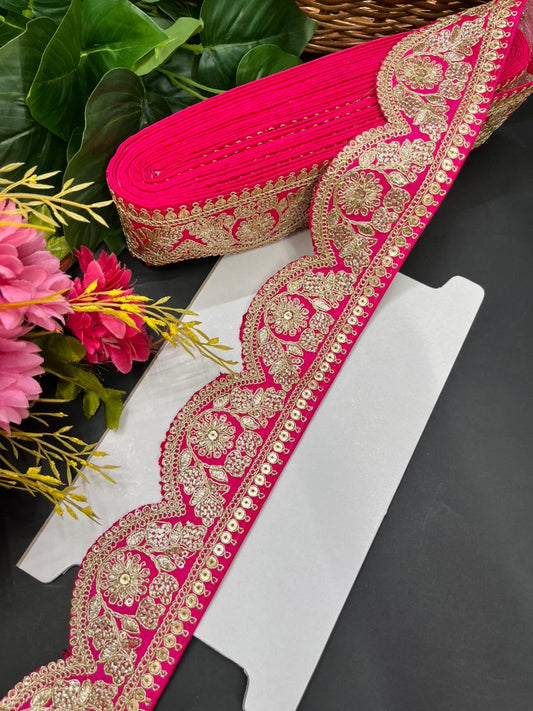 Delicate Scalloped Embroidery Lace for Sarees & Dresses – Designer Embroidered Border for Ethnic & Western Outfits (9 Meter, 2 Inch Width) | Rani Pink