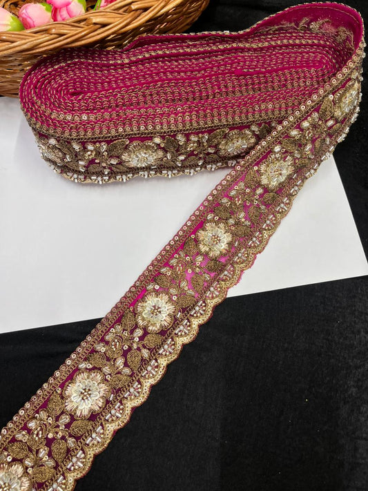 Antique Zari Flower Design Maggam Work Lace for Sarees – Premium Designer Maggam Lace | Rani Pink